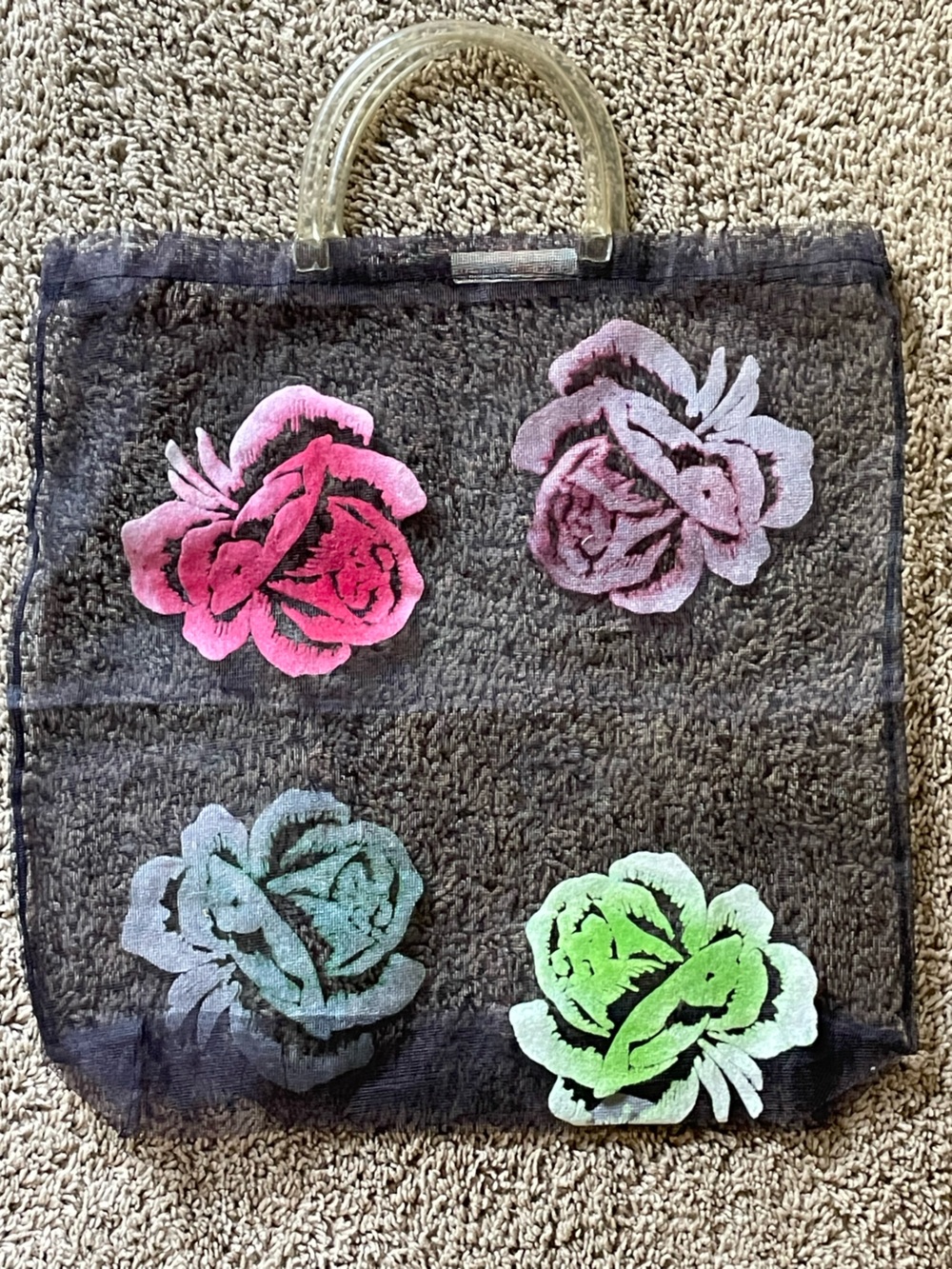 Vtg 50s 60s Nylon Mesh Market Shopping Bag Flocked Velvet Floral Print Hong Kong